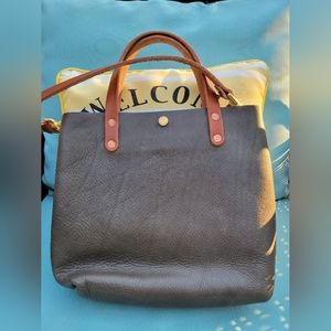 KMM Grey Cypress mini tote with tan handles and matching crossbody strap